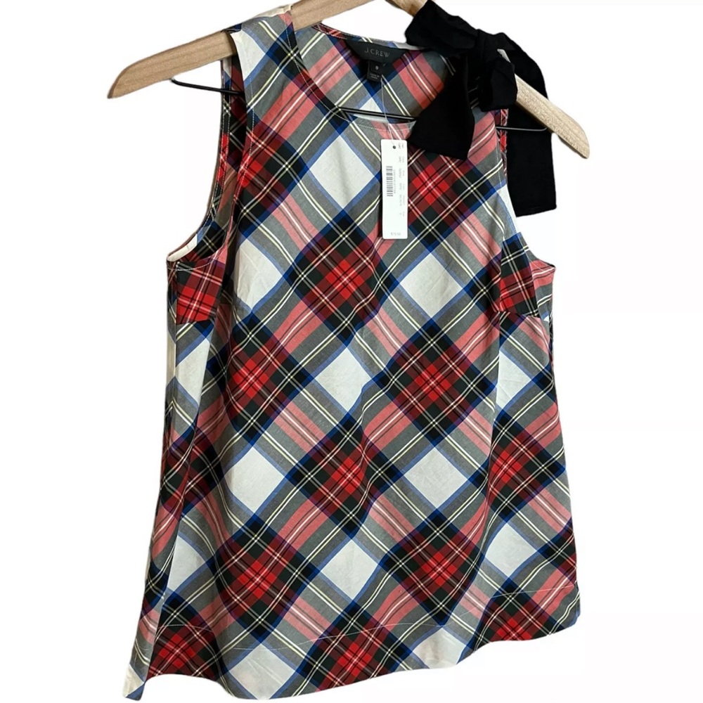 J. Crew Cotton Bow Shoulder Top In Festival Plaid Red - Picture 2 of 7